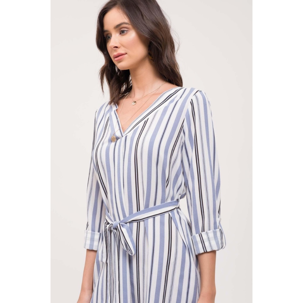 Vneck Belted Dress Striped Ivory Blue - Picture 7 of 7